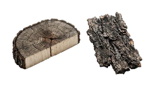 Weathered wooden log slice and rough textured tree bark section isolated on transparent background