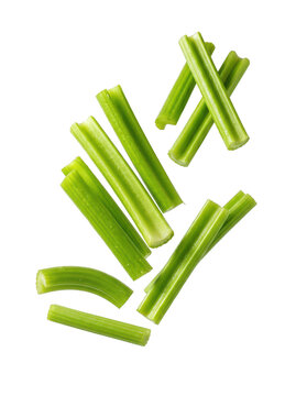 Fresh green celery sticks floating and flying isolated on a transparent background, vibrant raw vegetable pieces arranged in a dynamic falling motion for healthy food and diet concepts in commercial.