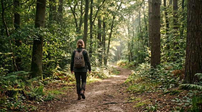 Solo hiker wearing brown backpack walks along dusty narrow dirt path through lush green woodland area