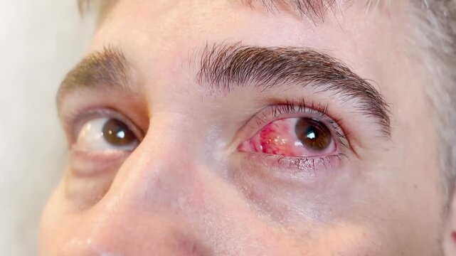4k Close up footage red eye. Male Conjunctivitis infection