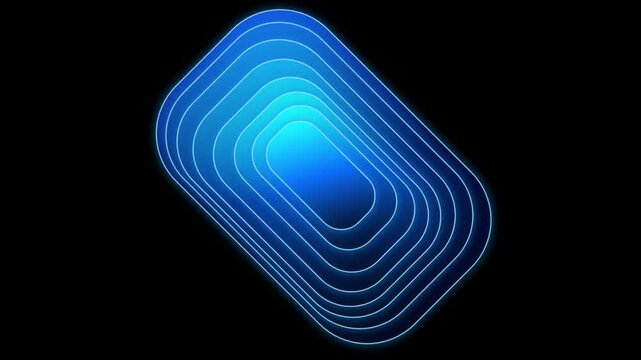 Abstract blue tunnel of glowing rounded rectangles pulsating in slow motion against dark black background.