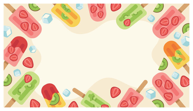 Summer and dessert background design with popsicles fruit and ice cubes for packaging design in colorful flat style