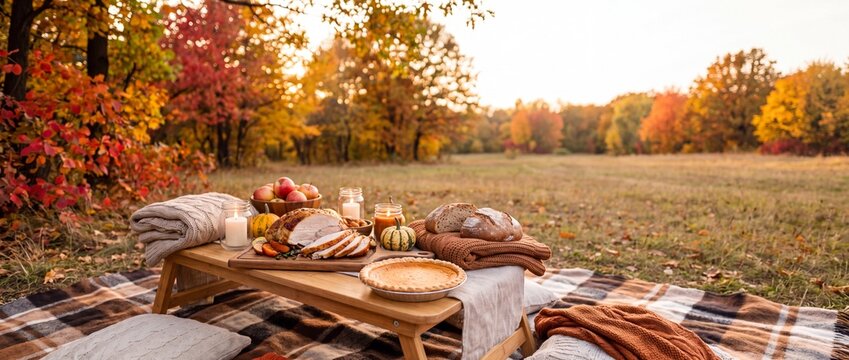 Outdoor Thanksgiving holiday picnic dinner with sliced roasted turkey and pumpkin pie in an autumn park at sunset, cozy seasonal advertising banner with copy space