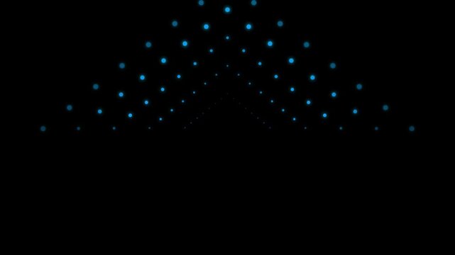 Neon blue dot lights forming triangular chevron shape movement on black background digital motion graphic video clip.