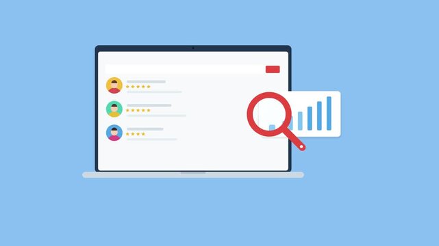 Laptop screen showing customer reviews with star ratings, magnifying glass and bar chart