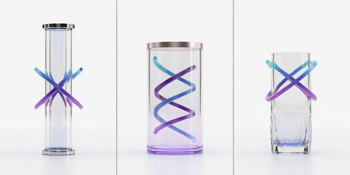 Three glass tubes with external and internal spiral on a white background
