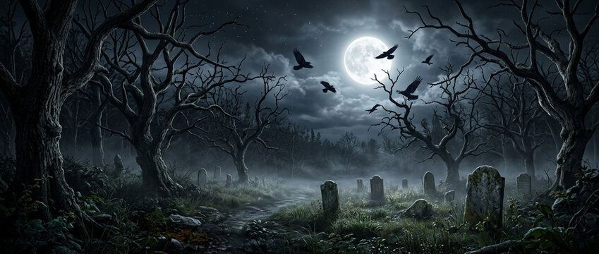 Eerie Graveyard at Night with Full Moon and Flying Crows