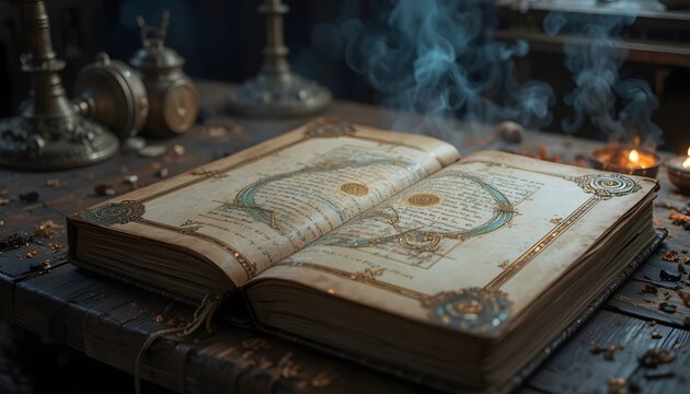 Open ancient grimoire with golden alchemical diagrams and magical smoke on wooden table