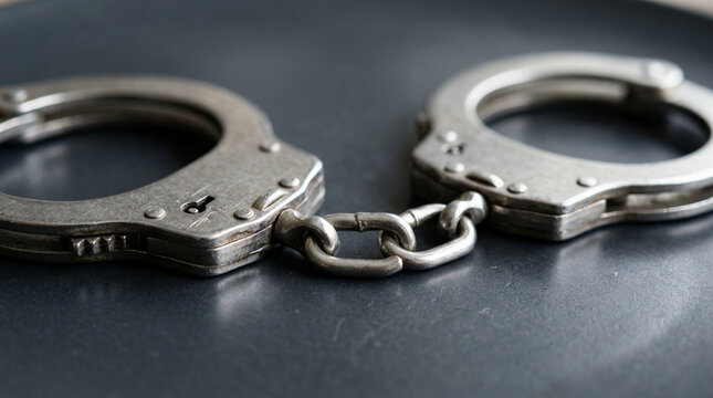 Close-up of Metal Handcuffs on Dark Surface, Symbol of Justice and Law Enforcement