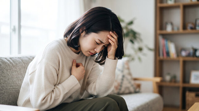 室内で胸を押さえて頭痛やパニック発作に苦しむ若い女性