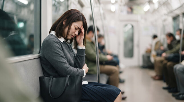 電車内でパニック発作や不安に苦しむ女性