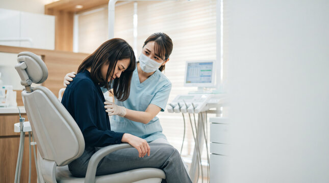 歯科医院でパニック発作を起こし胸を渡える女性患者と寄り添う医療従事者