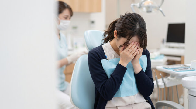 歯科医院でパニック発作や強い不安を感じて顔を覆う女性患者