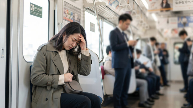 電車内でパニック発作や強い不安を感じて頭を抱える女性