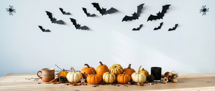 Halloween Decoration: Pumpkins, Bats, Spiders, and Coffee Mug on Table