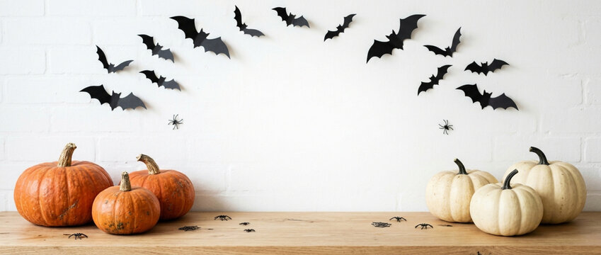 Halloween Decorations: Pumpkins, Bats, and Spiders on White Brick Wall
