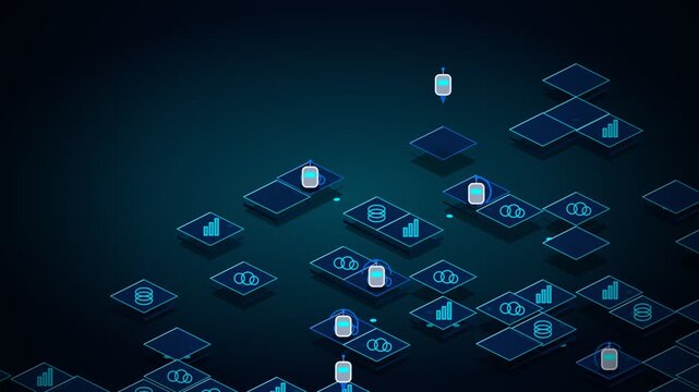 AI agent workflow orchestration cyber network glowing nodes data processing 4k 3d isometric  motion video