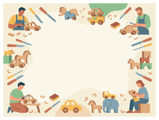 Fototapeta premium Children and toys background design with toy cars tools and crafts for packaging in playful vector style