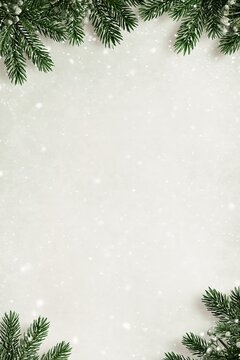 Evergreen branches with snowfall on elegant Christmas card background