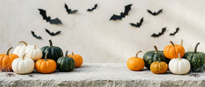 Halloween pumpkins and bats decoration on a stone surface, festive autumn.