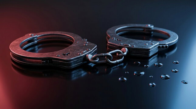 Close-up of Metal Handcuffs on Dark Reflective Surface with Water Droplets