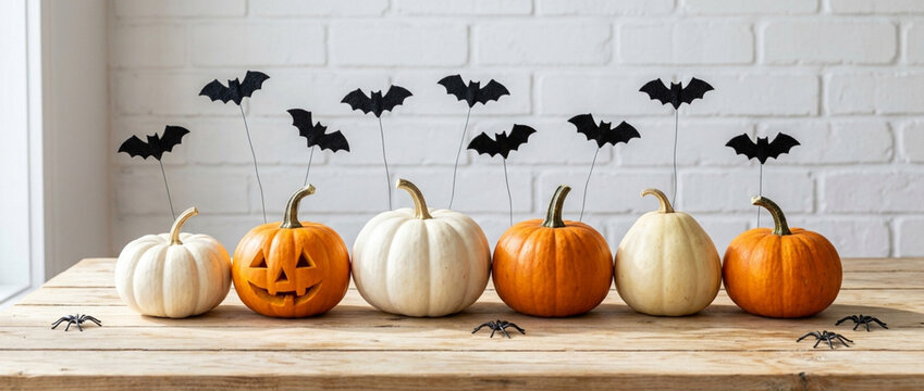 Halloween pumpkins and bats on wooden table, white brick wall background