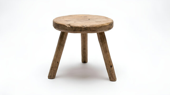 Vintage handcrafted rustic wooden three legged stool isolated on white background for interior home decoration and lifestyle concepts
