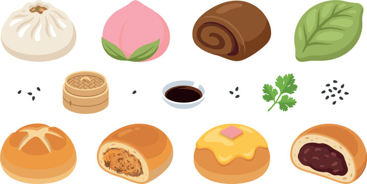 Asian bakery and dim sum vector set with steamed buns, red bean paste bread, pork floss buns, peach bao, bamboo basket, and soy sauce