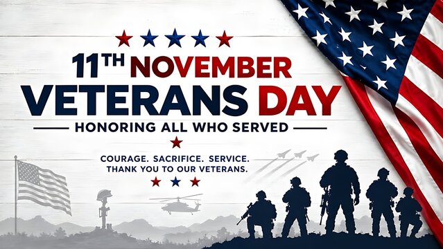  11th November Veterans Day graphic poster with combat troop silhouettes and fighter jets