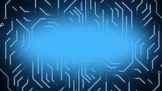 Circuit frame animation glows with futuristic motherboard pathways. High performance digital computer processing powers circuit frame. Modern electronic hardware tracks outline the frame.