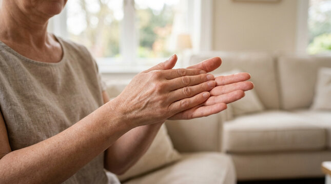 Elderly woman applying hand cream, close-up on wrinkled hands, cozy living room background