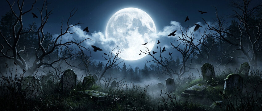 Haunted Graveyard Full Moon Night Crows Foggy Cemetery Spooky Atmosphere