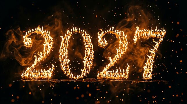Fiery new year 2027 celebration with glowing numbers and cityscape background