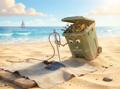 Anthropomorphic Green Compost Bin Character Mending Fabric on a Sunny Tropical Beach with Ocean Background for Environmental Sustainability Awareness