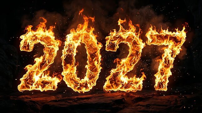Fiery depiction of the year 2027 with intense flames and a dark background