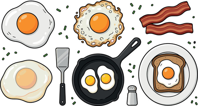 Vector icon set of breakfast food featuring fried eggs crispy bacon strips cast iron skillet spatula and toast isolated on white background