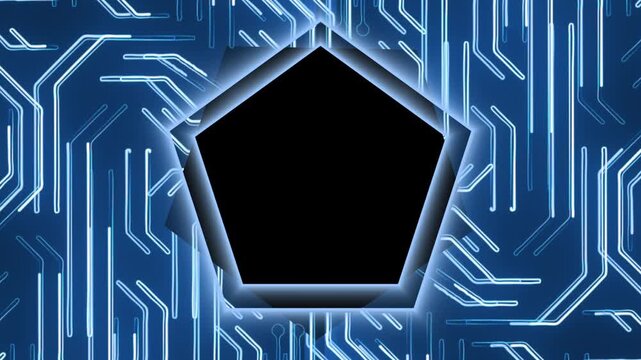 Pentagon frame animation pulses with geometric circuit tracks on dark. High tech digital display overlays shape this pentagon frame. Modern electronic motherboard computing runs the frame.