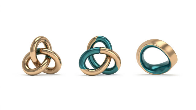 Three interlocking metal ring sculptures with gold and teal finishes on white background