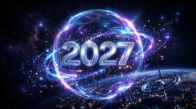Futuristic new year 2027 celebration with glowing city skyline background