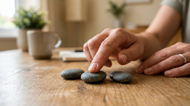 Fingers arranging three smooth stones on a wooden table, calm moment