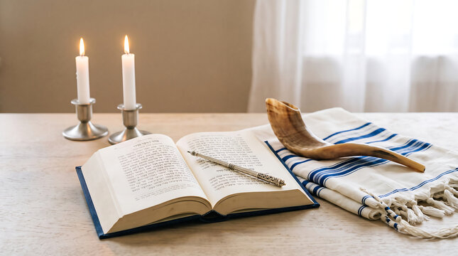 Open prayer book with shofar and tallit for Jewish holiday