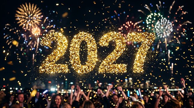 Celebratory new year 2027 fireworks display overjoyed crowd at night