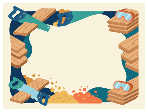 Adventure and construction background design with saw boards and goggles for presentation in flat vector style