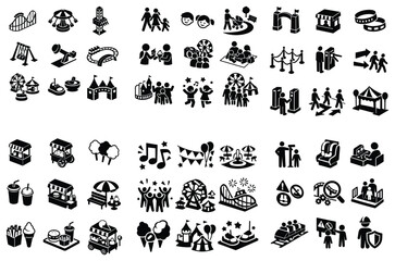Obraz premium Amusement park and family fun vector icons with roller coaster, Ferris wheel and balloon for marketing design in solid style