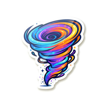 Abstract colorful tornado sticker with vibrant swirls and stars for weather and fantasy concepts.