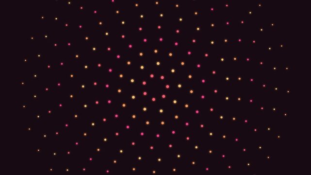 Abstract glowing dots motion background, pulsing neon particle pattern in pink and gold particles
