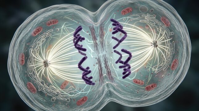 Cell division visualizing eukaryotic mitosis, separating chromosome pair, active spindle fiber pulling organelle, microscopic view showing cleavage furrow, visible mitochondrion structure.