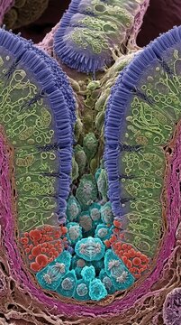 Stem cells dividing at the base of an intestinal crypt, demonstrating active cellular regeneration, microvilli border, epithelial tissue, microscopic gut anatomy, biological model.
