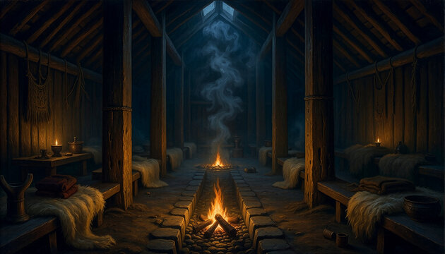 Long central hearth fire inside a timber longhouse with fur benches