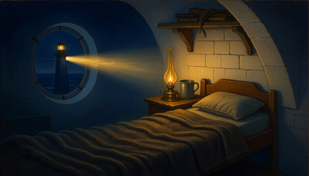 Keeper bunk with oil lamp and a lighthouse beam through a round window